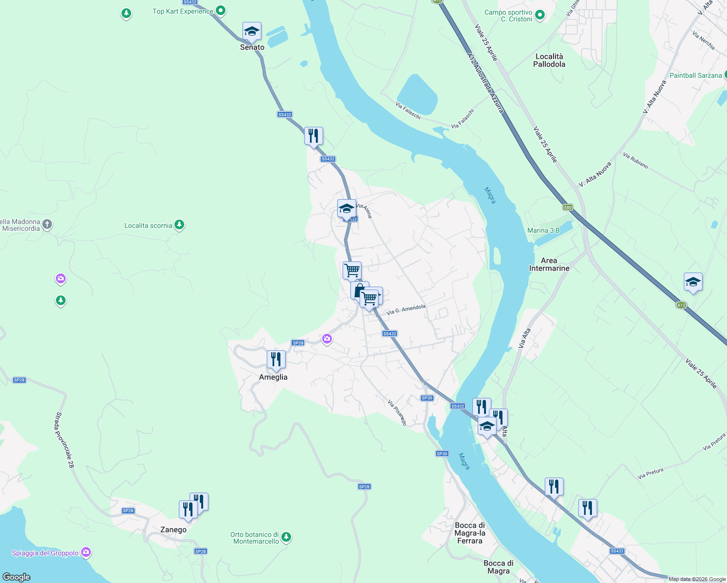 map of restaurants, bars, coffee shops, grocery stores, and more near in Ameglia