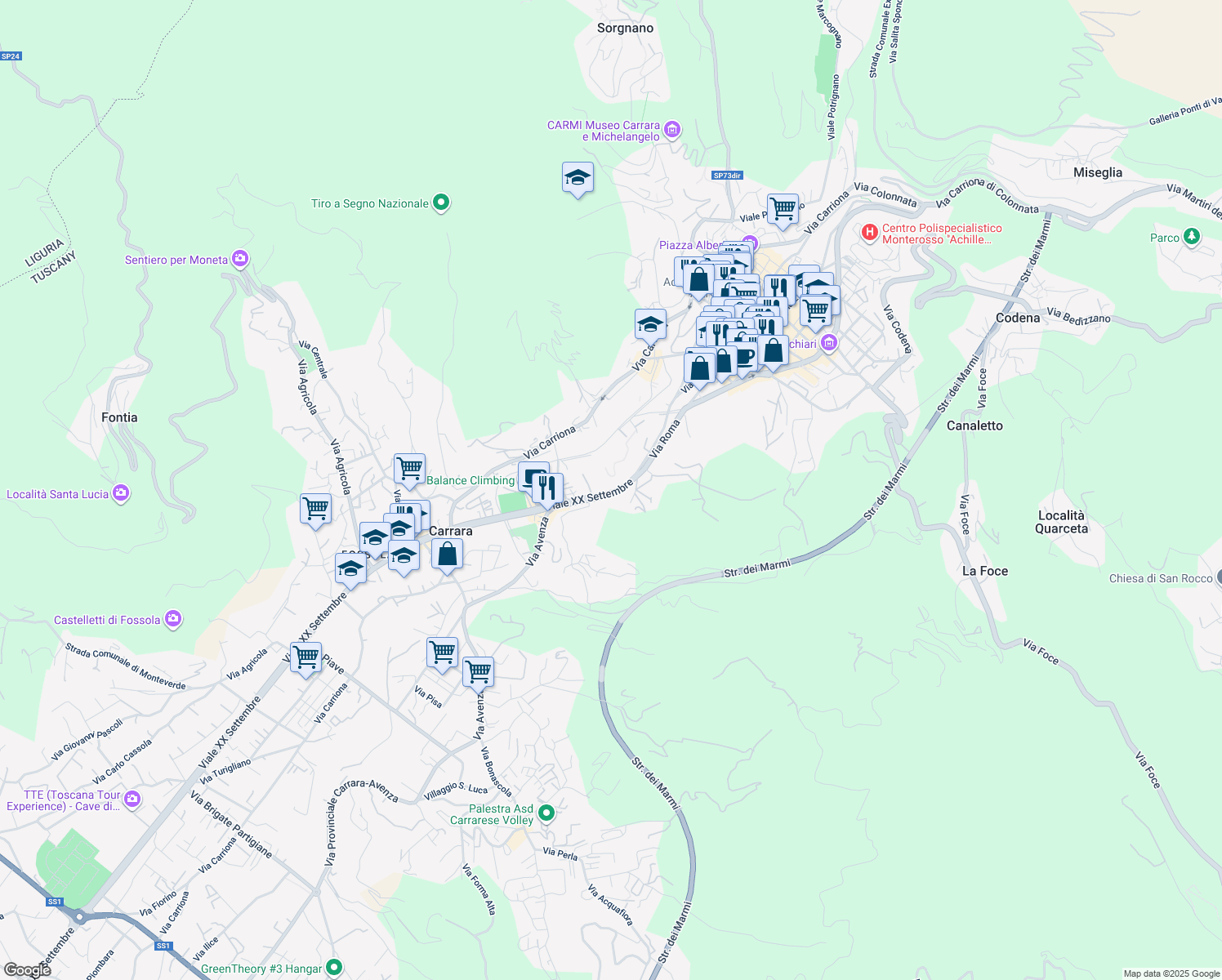 map of restaurants, bars, coffee shops, grocery stores, and more near 1 Viale XX Settembre in Carrara