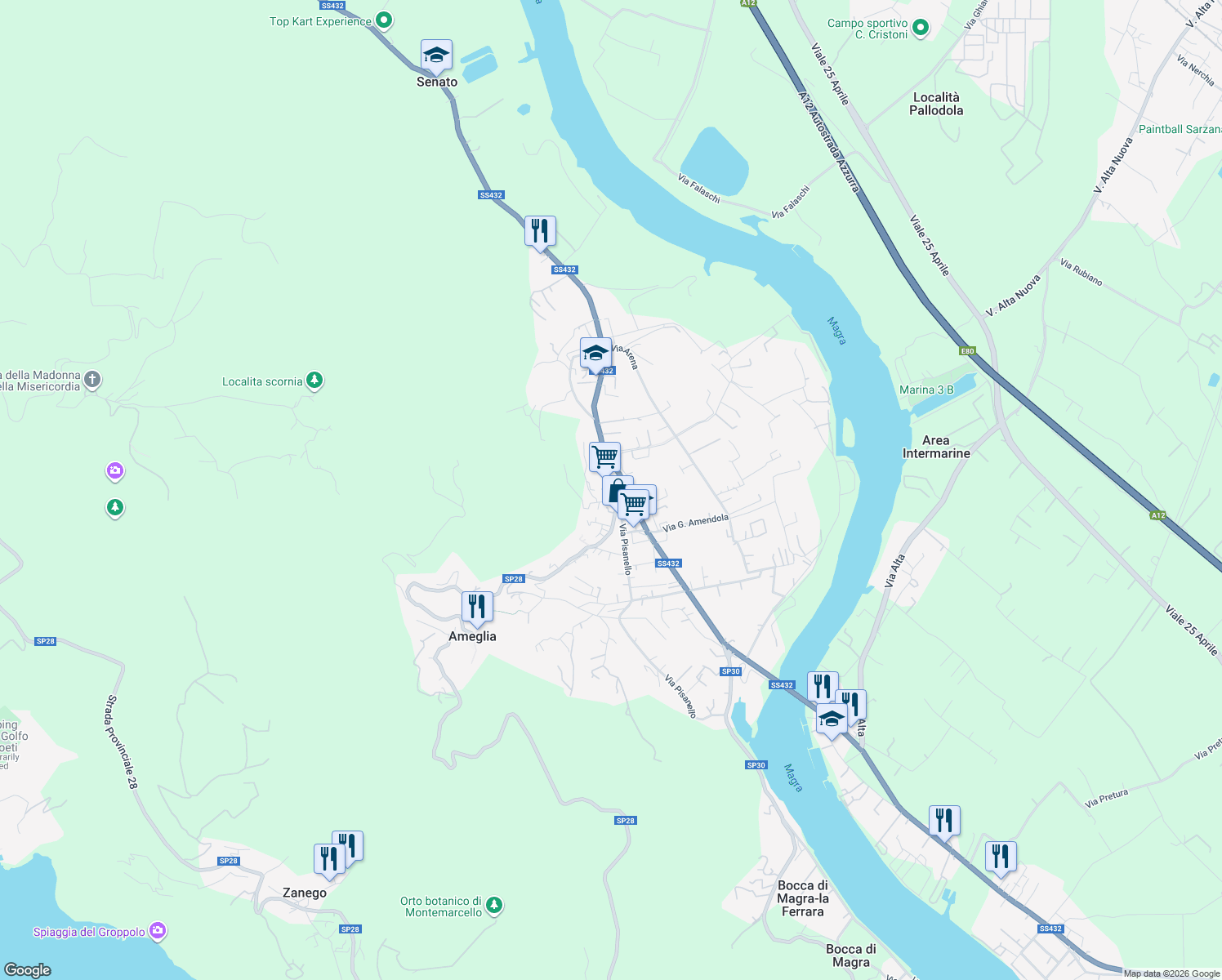 map of restaurants, bars, coffee shops, grocery stores, and more near 57 Via Camisano in Ameglia