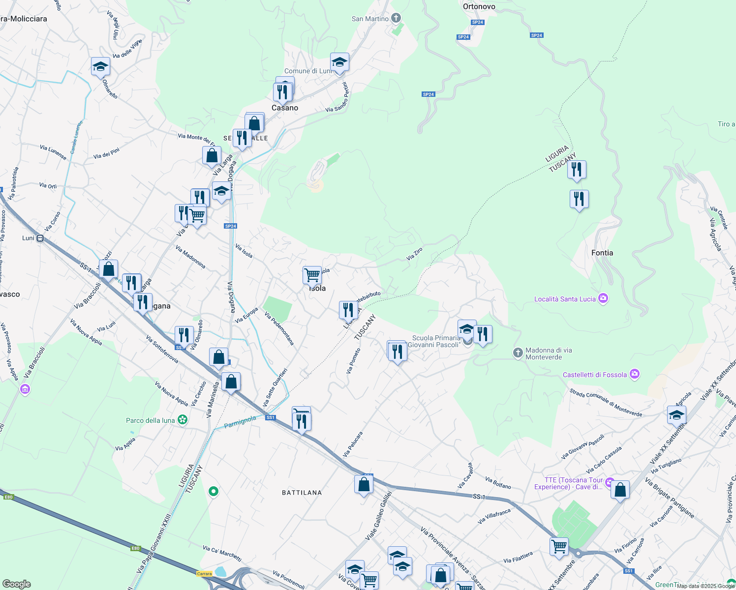 map of restaurants, bars, coffee shops, grocery stores, and more near 19 Via Montebarbuto in Isola