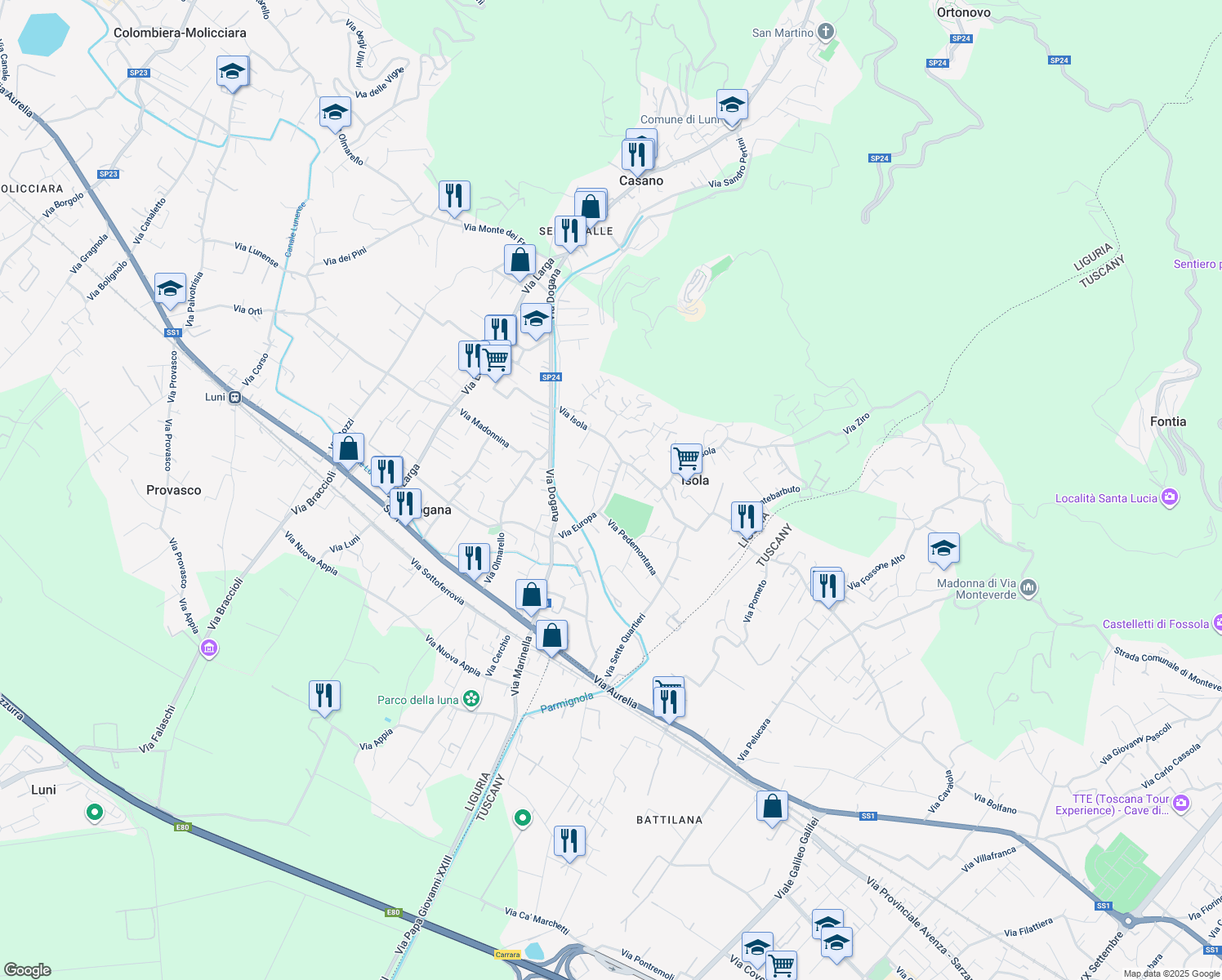 map of restaurants, bars, coffee shops, grocery stores, and more near 13 Via Europa in Casano