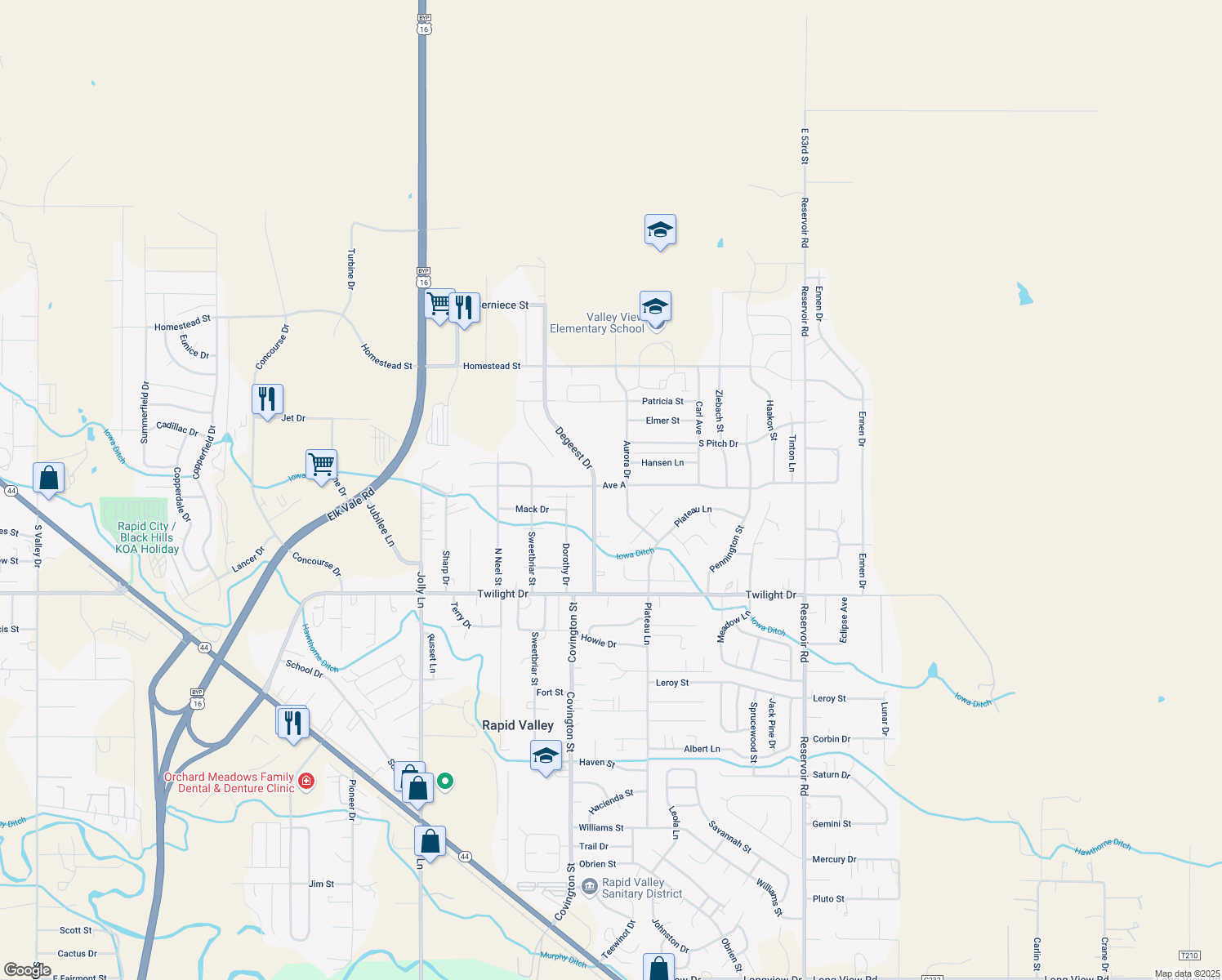 map of restaurants, bars, coffee shops, grocery stores, and more near 4679 Ave A in Rapid City