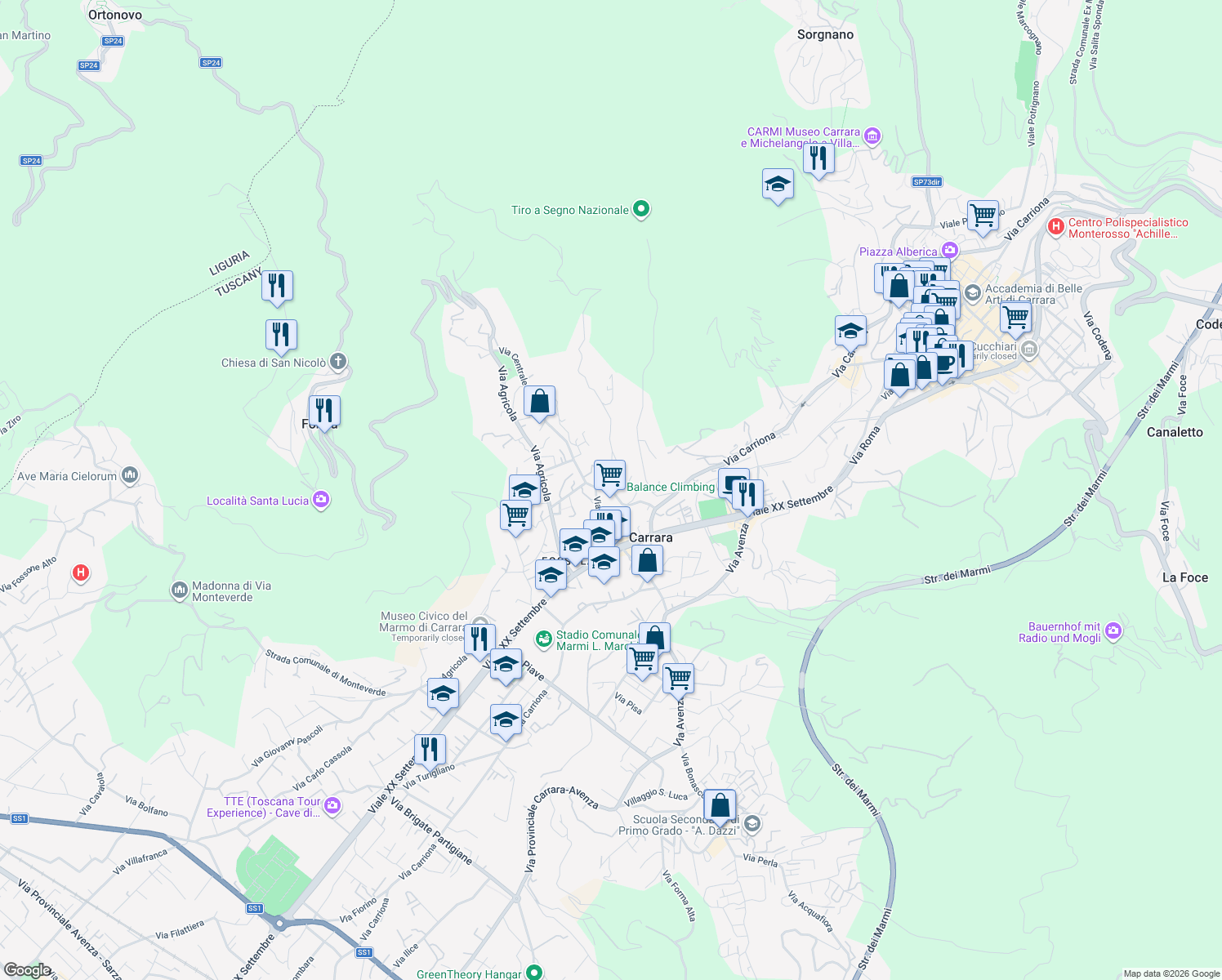 map of restaurants, bars, coffee shops, grocery stores, and more near 50A Via Moneta in Carrara