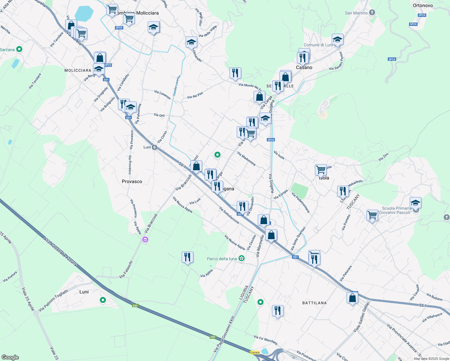 map of restaurants, bars, coffee shops, grocery stores, and more near 61 Via Europa in Casano