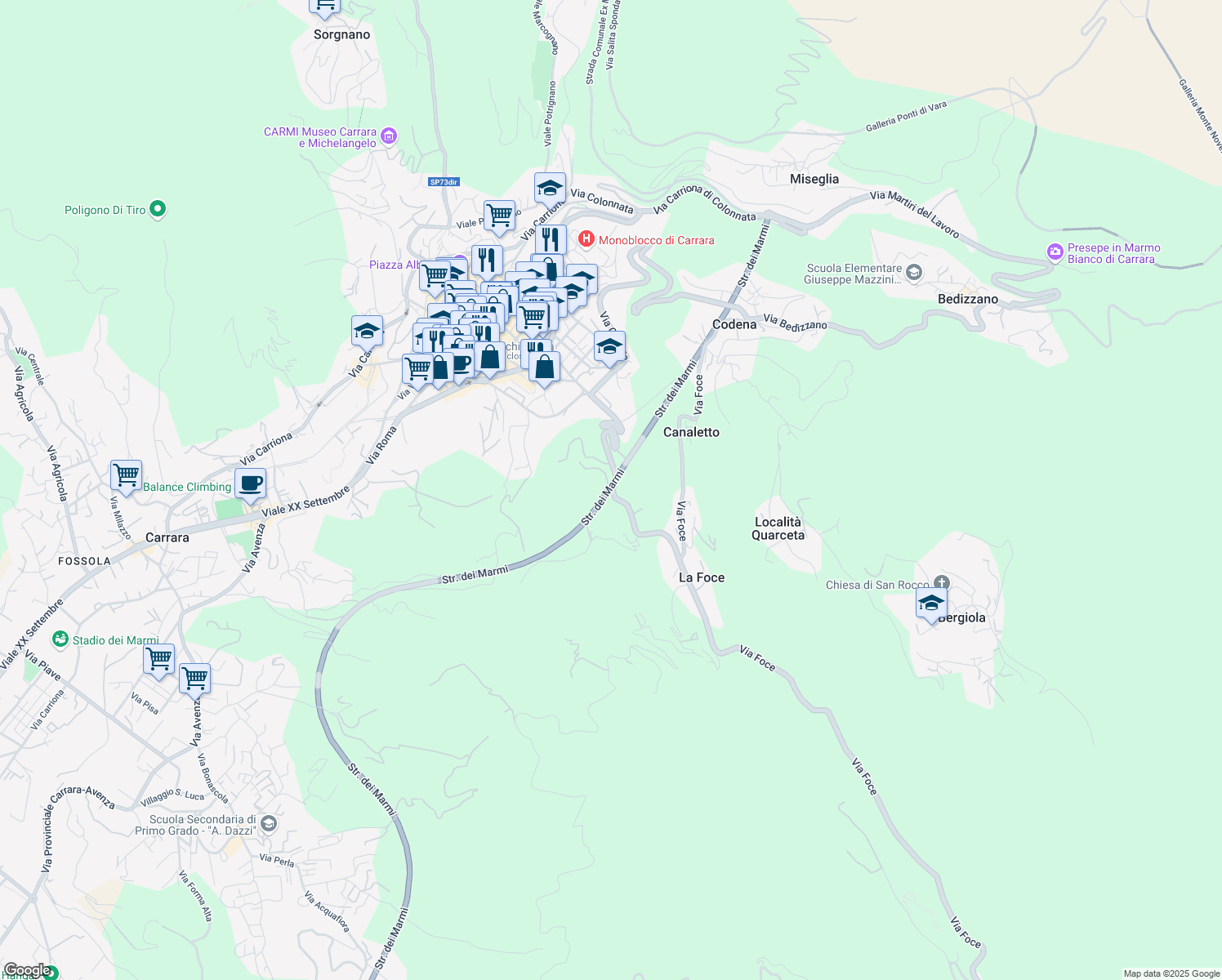 map of restaurants, bars, coffee shops, grocery stores, and more near 1 Via San Francesco in Provincia di Massa e Carrara