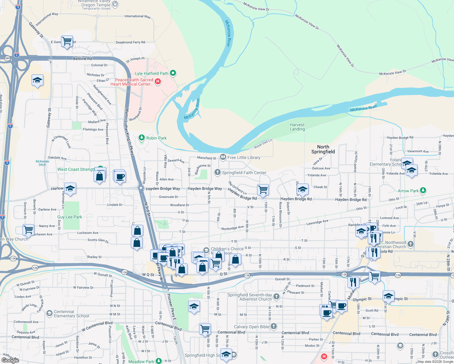 map of restaurants, bars, coffee shops, grocery stores, and more near 765 Old Orchard Ln in Springfield