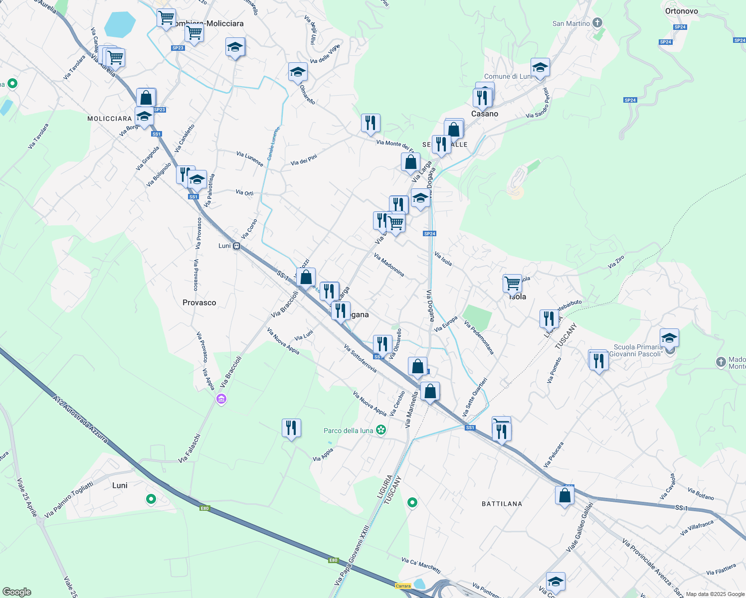 map of restaurants, bars, coffee shops, grocery stores, and more near 44 Via Caffaggiola in Casano