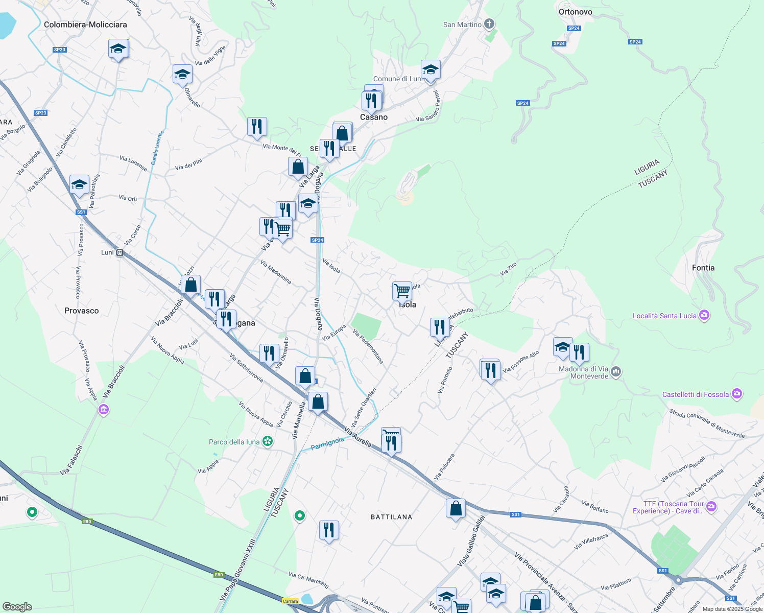 map of restaurants, bars, coffee shops, grocery stores, and more near 73 Via Isola in Casano