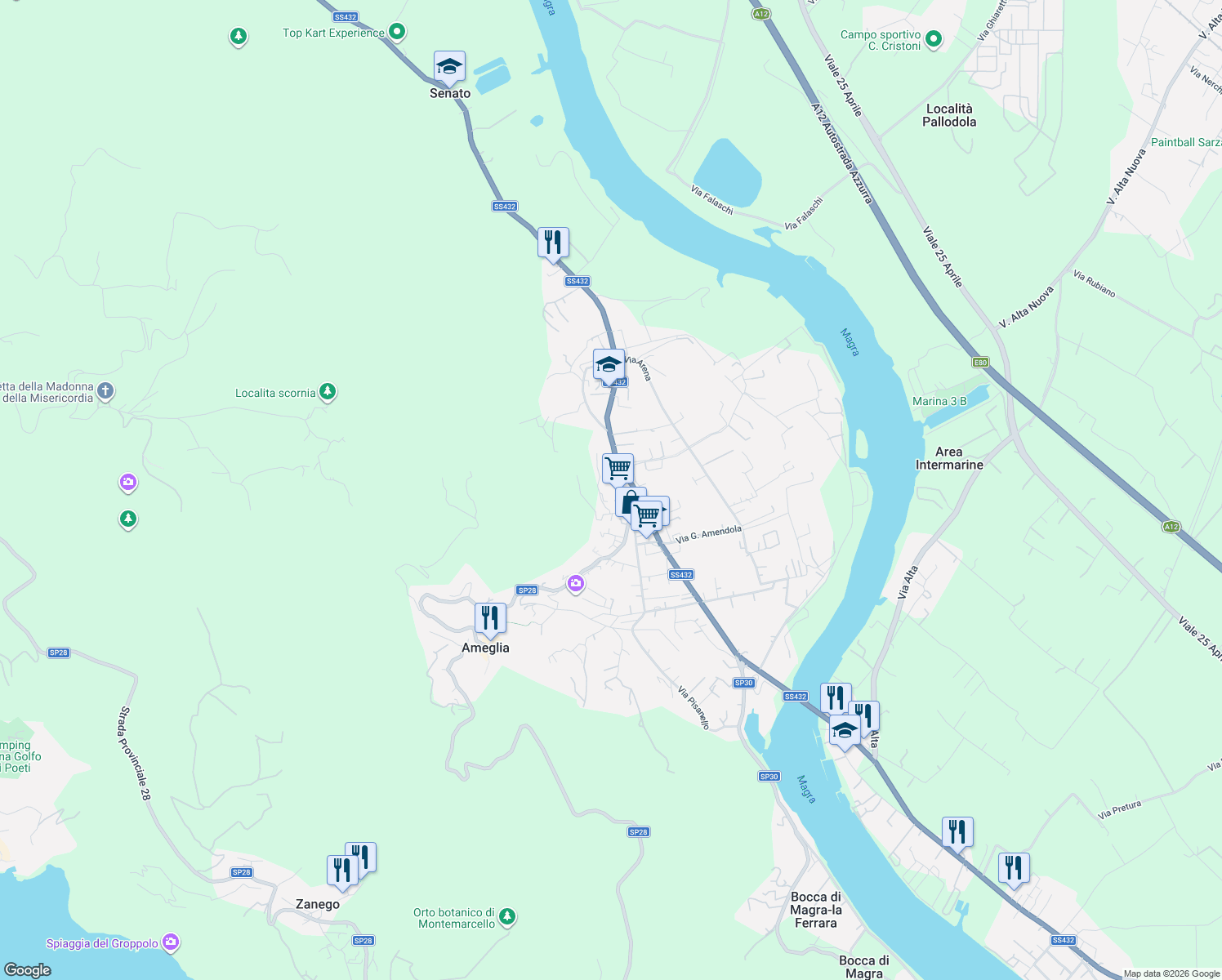 map of restaurants, bars, coffee shops, grocery stores, and more near 57 Via Camisano in Ameglia