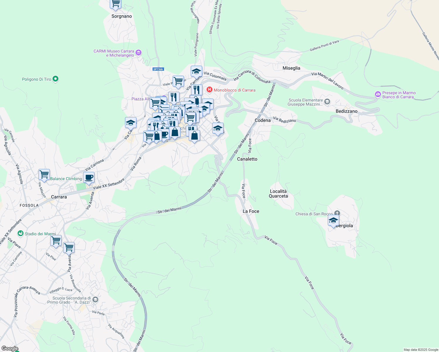 map of restaurants, bars, coffee shops, grocery stores, and more near 1 Via San Francesco in Provincia di Massa e Carrara
