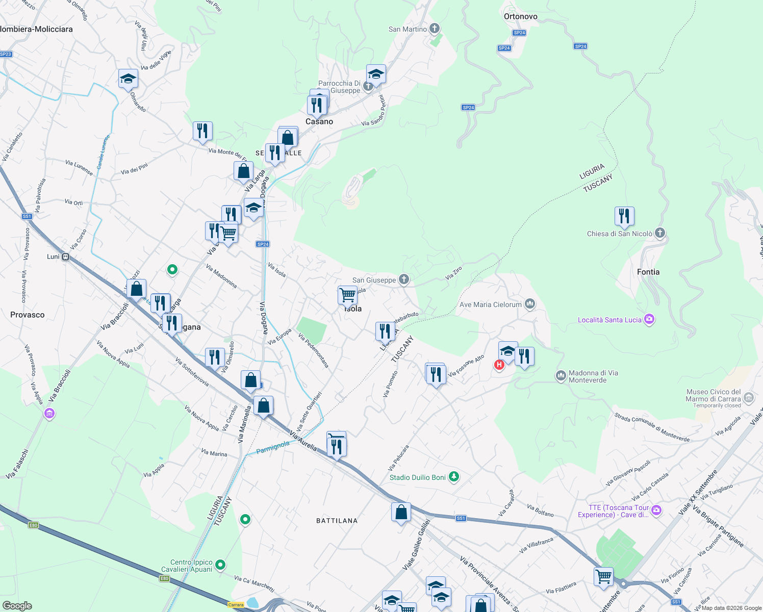 map of restaurants, bars, coffee shops, grocery stores, and more near 15 Via Montebarbuto in Isola