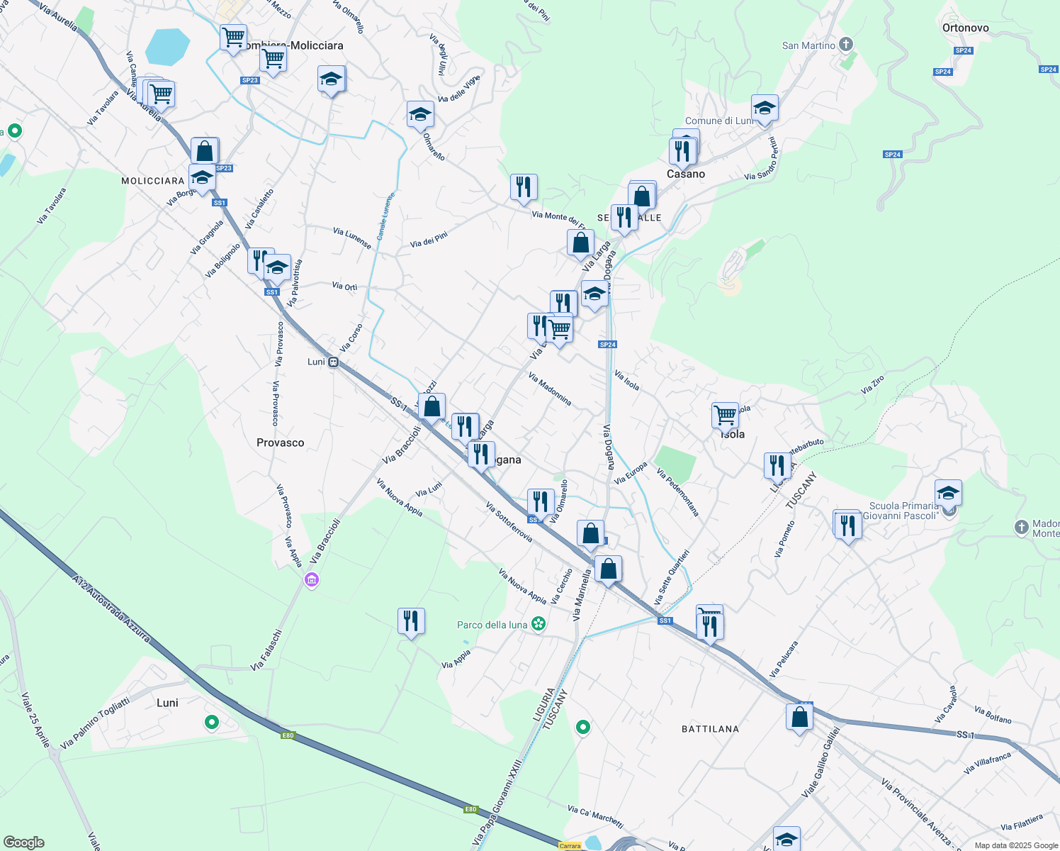 map of restaurants, bars, coffee shops, grocery stores, and more near 44 Via Caffaggiola in Casano