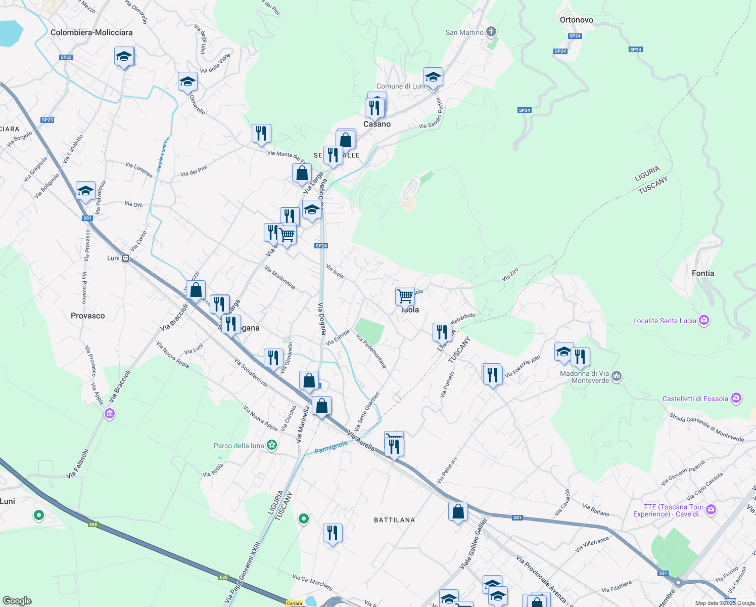 map of restaurants, bars, coffee shops, grocery stores, and more near 73 Via Isola in Casano