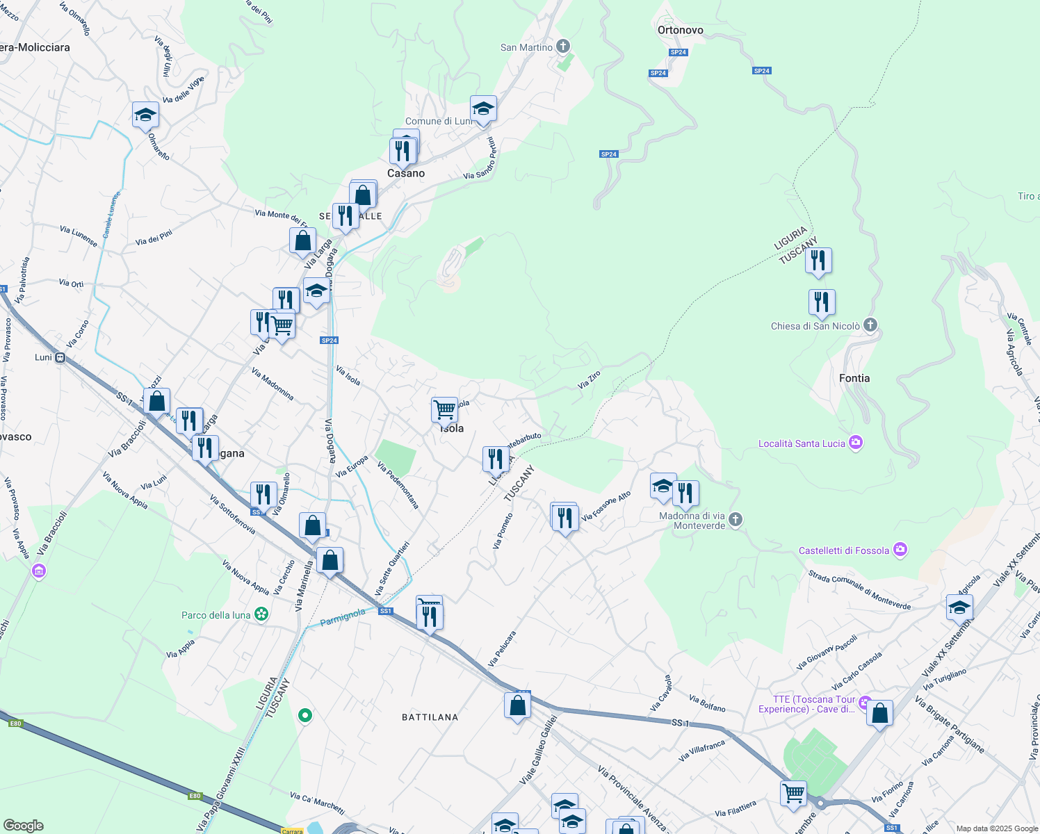 map of restaurants, bars, coffee shops, grocery stores, and more near 19 Via Montebarbuto in Isola