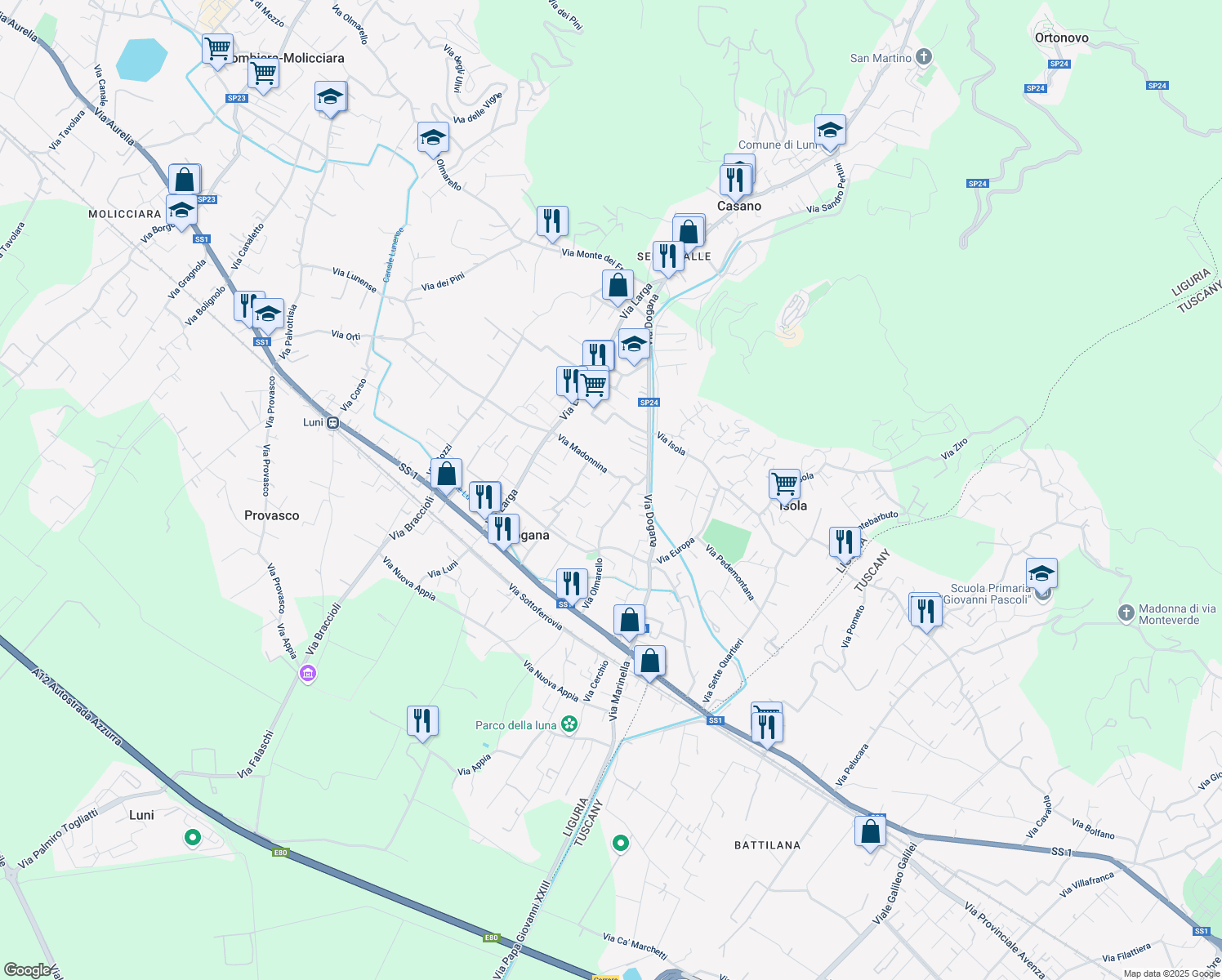 map of restaurants, bars, coffee shops, grocery stores, and more near 17 Via Madonnina in Casano