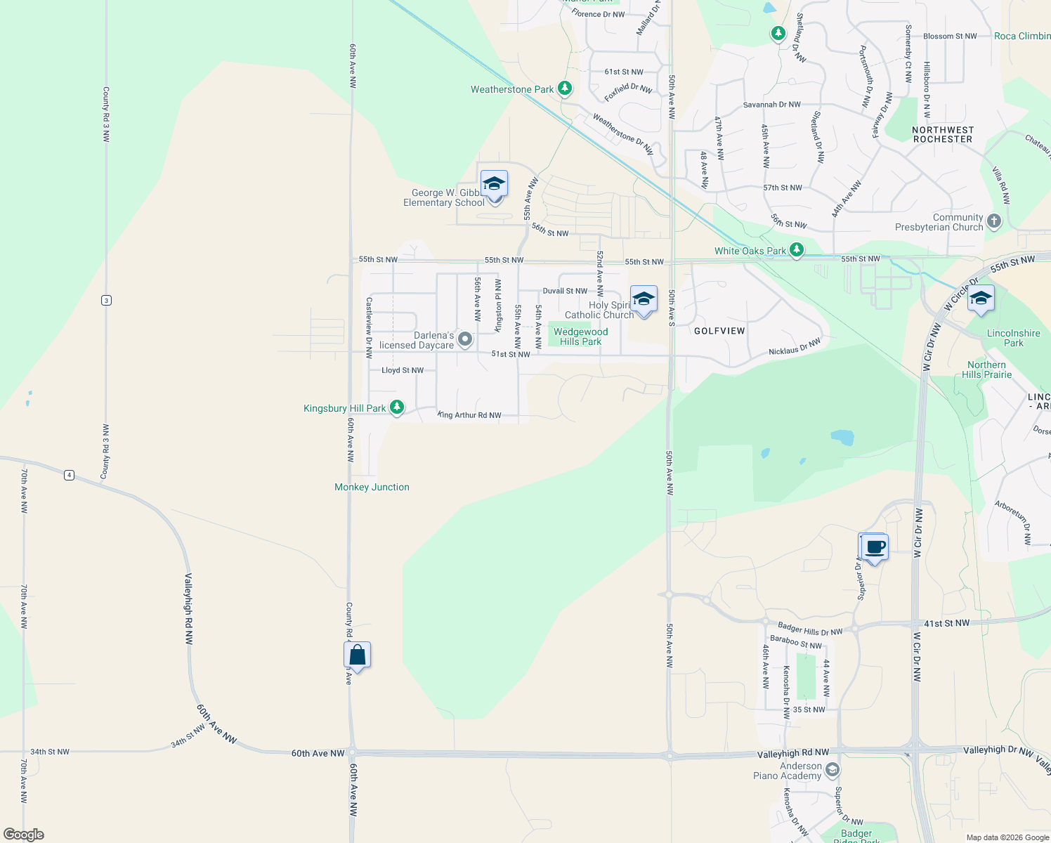 map of restaurants, bars, coffee shops, grocery stores, and more near 5480 King Arthur Lane Northwest in Rochester