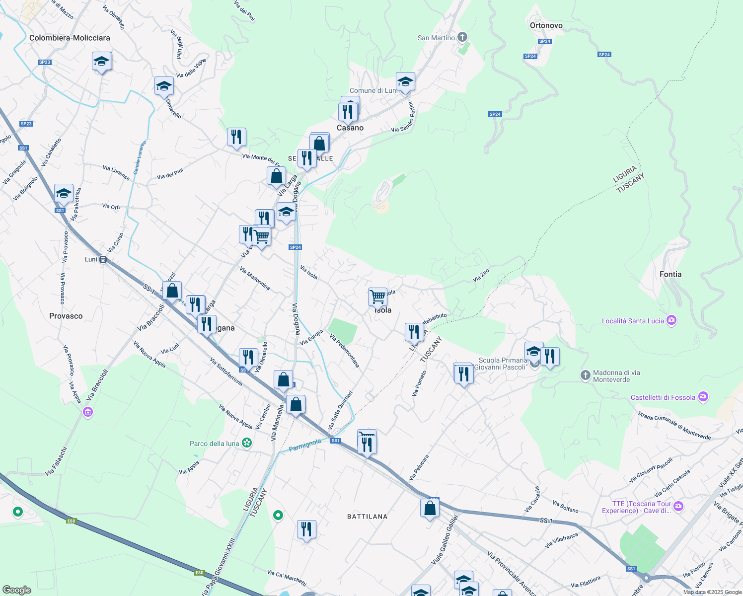 map of restaurants, bars, coffee shops, grocery stores, and more near 24 Via Isola Alta in Casano
