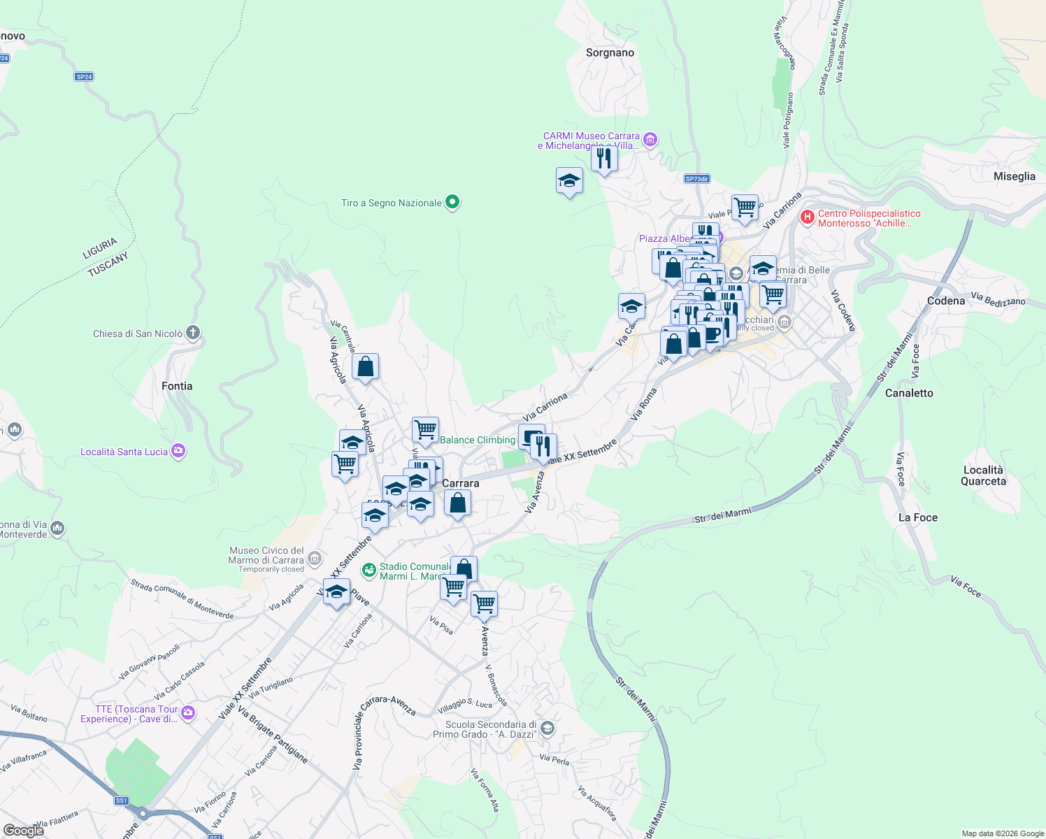 map of restaurants, bars, coffee shops, grocery stores, and more near 119 Via Carriona in Carrara