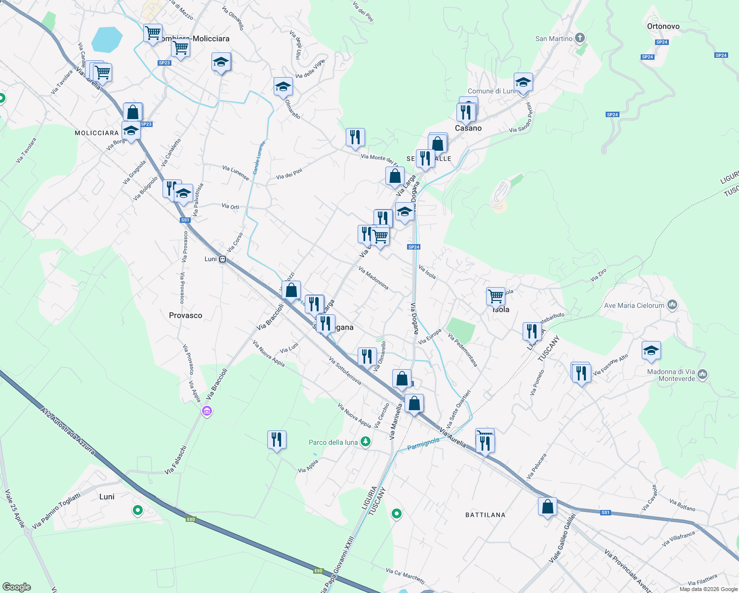 map of restaurants, bars, coffee shops, grocery stores, and more near 102 Via Caffaggiola in Casano