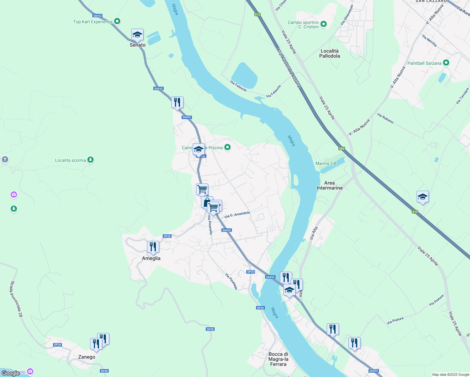 map of restaurants, bars, coffee shops, grocery stores, and more near 13 Via Arena in Ameglia