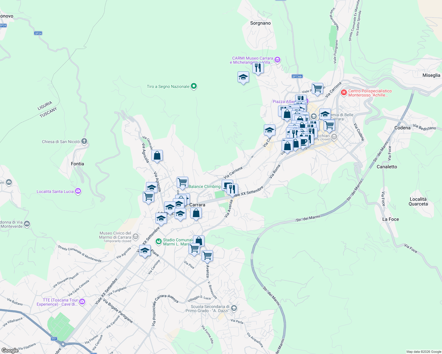 map of restaurants, bars, coffee shops, grocery stores, and more near 119 Via Carriona in Carrara