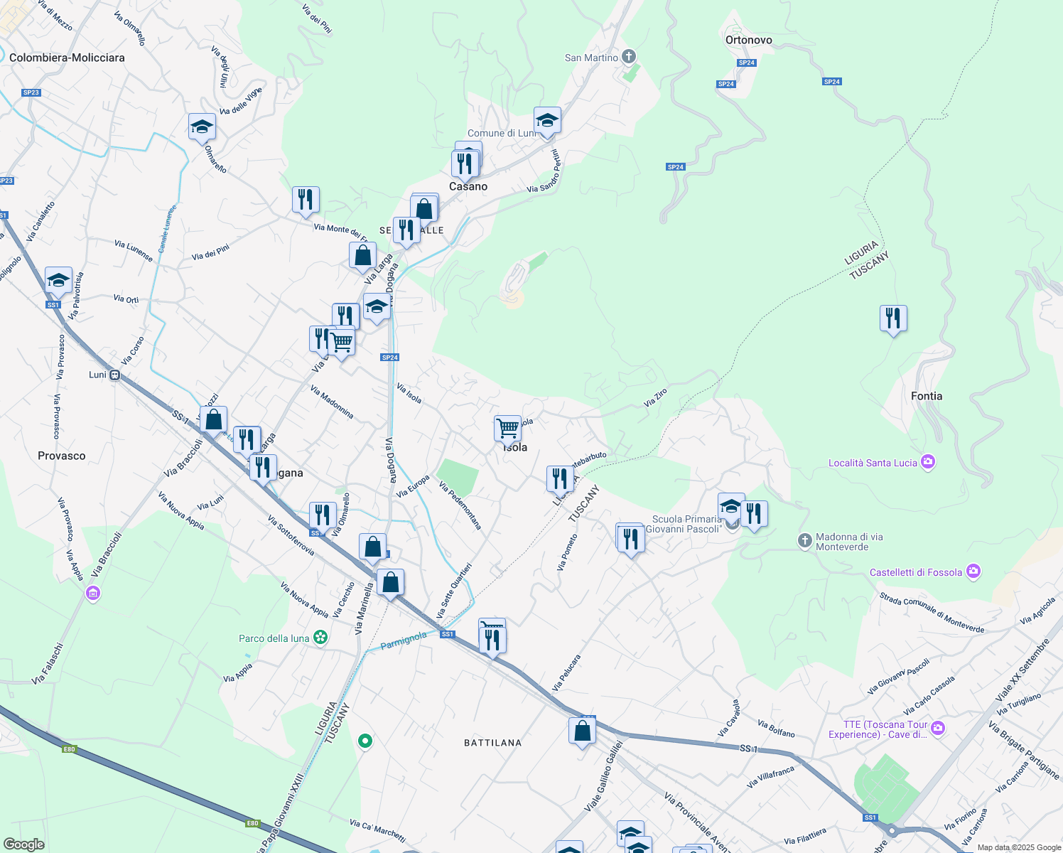 map of restaurants, bars, coffee shops, grocery stores, and more near 78-86 Via Isola in Casano