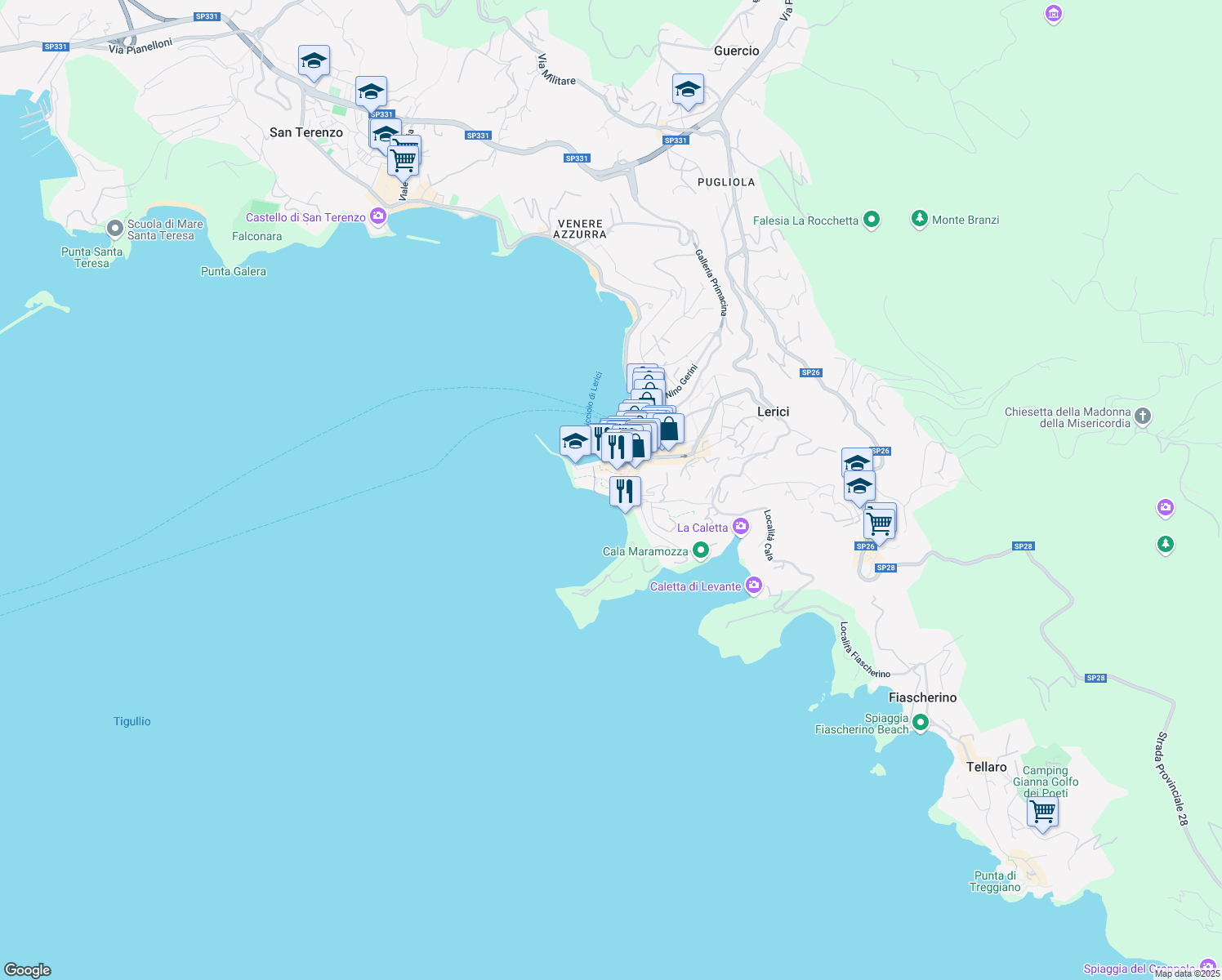 map of restaurants, bars, coffee shops, grocery stores, and more near 16 Piazzetta Poggio in Lerici