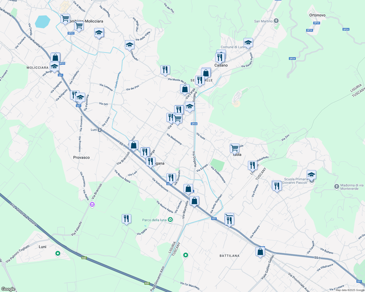 map of restaurants, bars, coffee shops, grocery stores, and more near 17 Via Madonnina in Casano