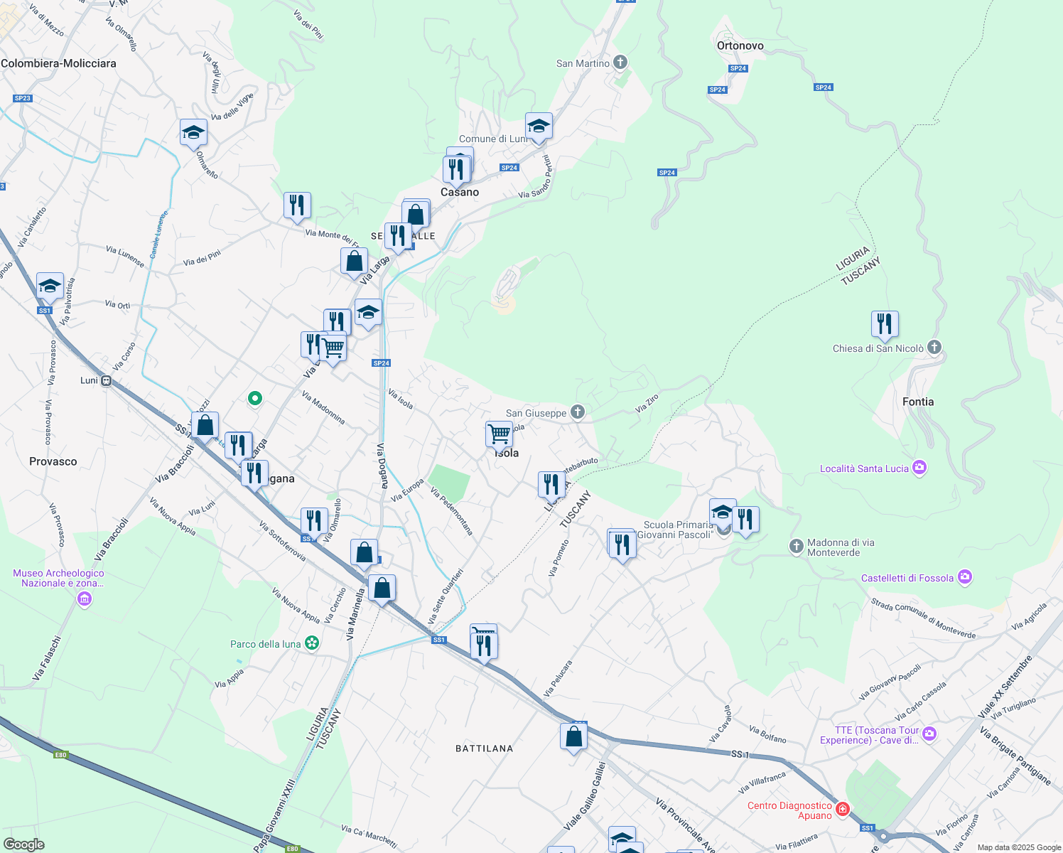 map of restaurants, bars, coffee shops, grocery stores, and more near 86 Via Isola in Casano