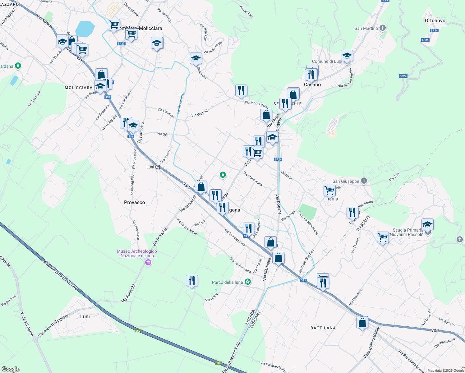 map of restaurants, bars, coffee shops, grocery stores, and more near 24 Via Larga in Casano
