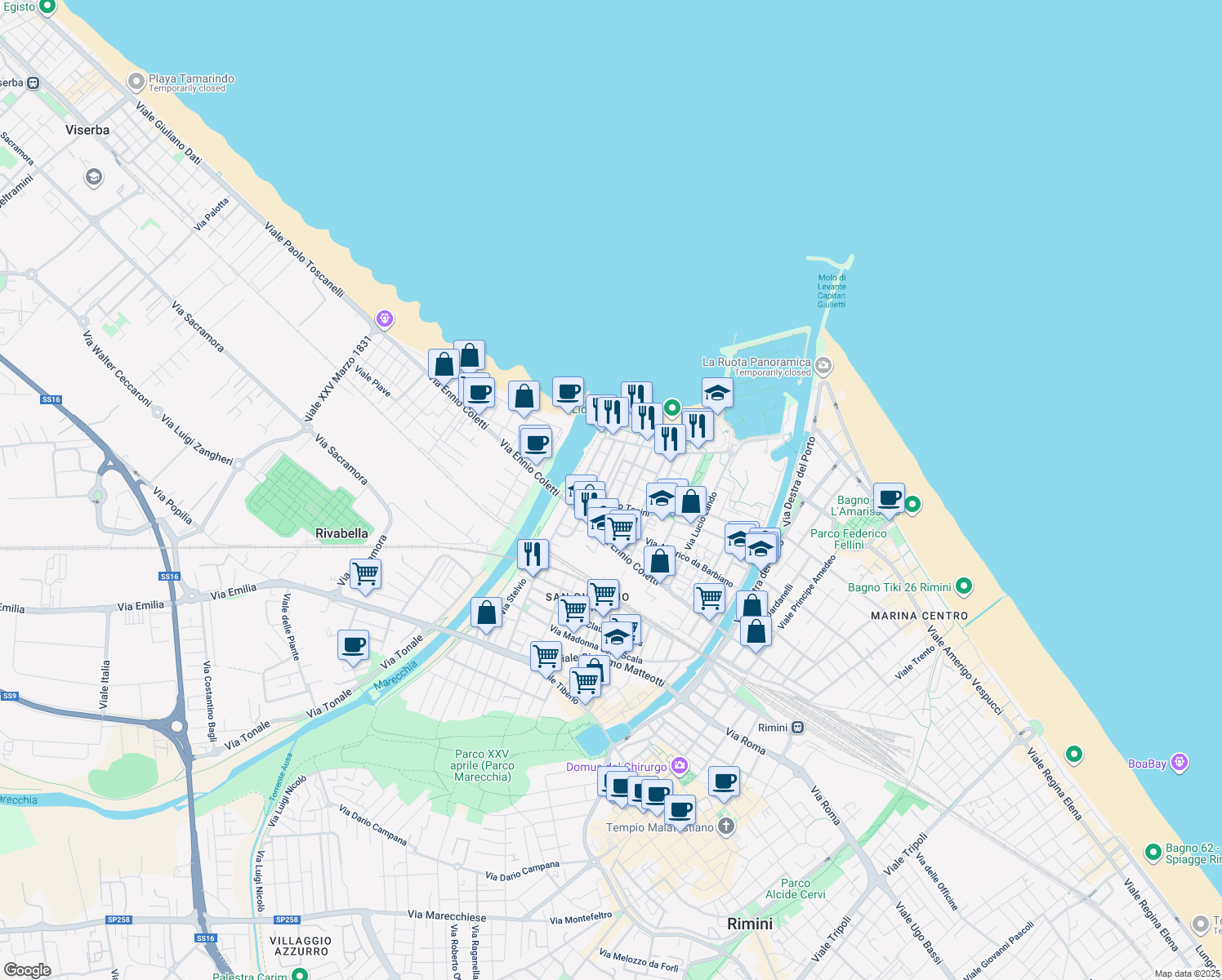 map of restaurants, bars, coffee shops, grocery stores, and more near 1f Via Giovanni Brigliadori in Rimini