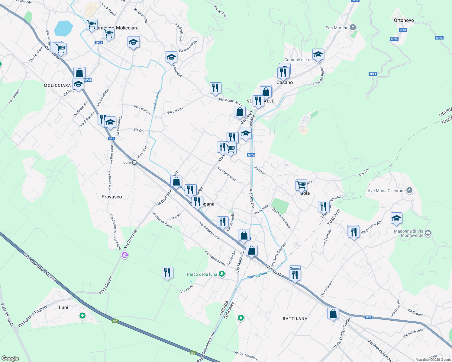 map of restaurants, bars, coffee shops, grocery stores, and more near 102 Via Caffaggiola in Casano