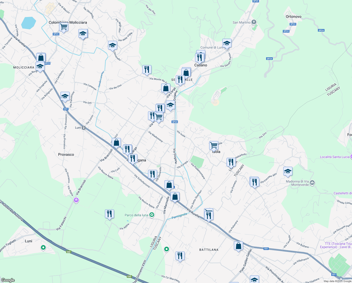map of restaurants, bars, coffee shops, grocery stores, and more near 18 Via Isola in Casano