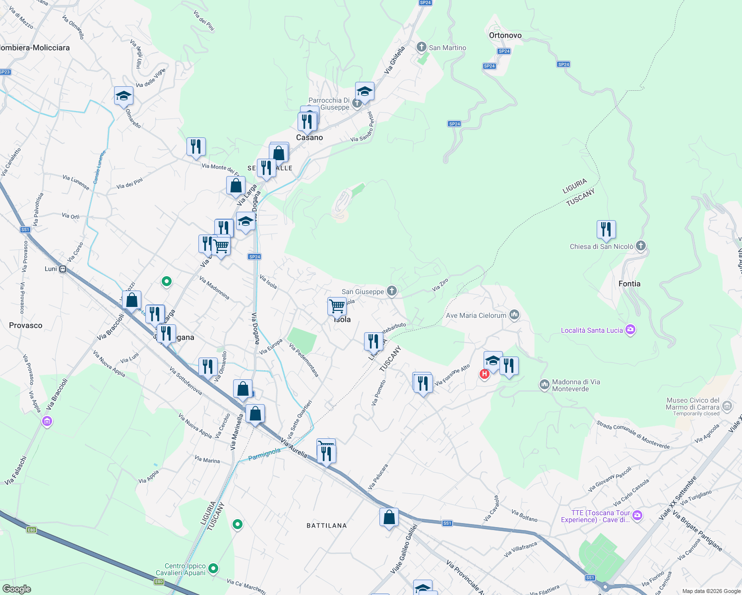 map of restaurants, bars, coffee shops, grocery stores, and more near 45 Via Isola in Casano