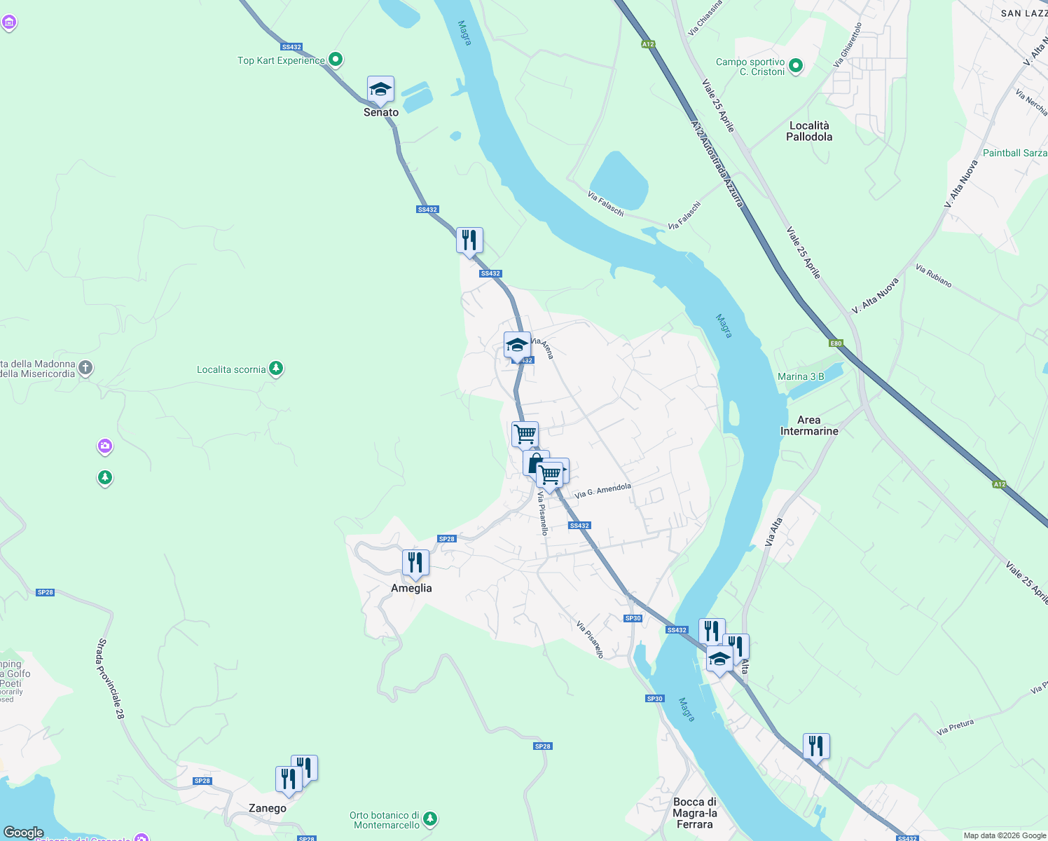 map of restaurants, bars, coffee shops, grocery stores, and more near 22 Via Camisano in Ameglia