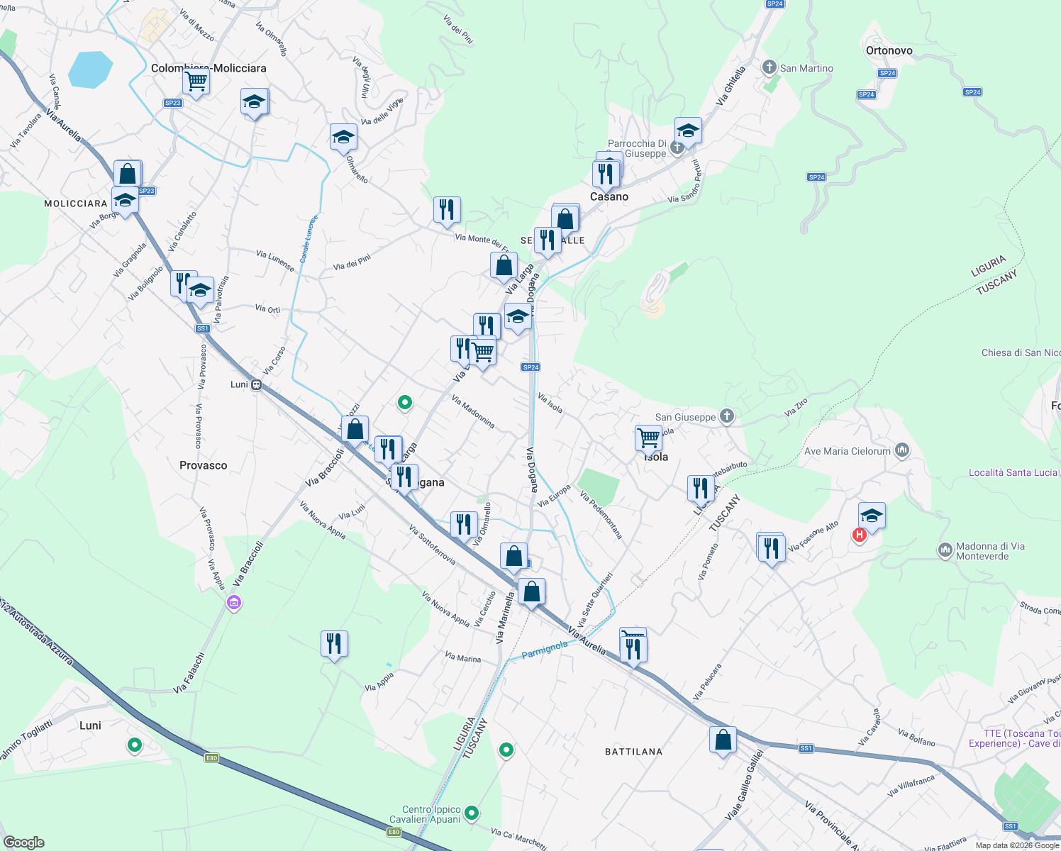 map of restaurants, bars, coffee shops, grocery stores, and more near 4 Via Madonnina in Casano