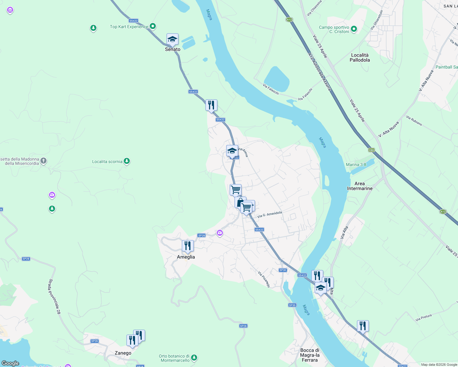 map of restaurants, bars, coffee shops, grocery stores, and more near 22 Via Camisano in Ameglia