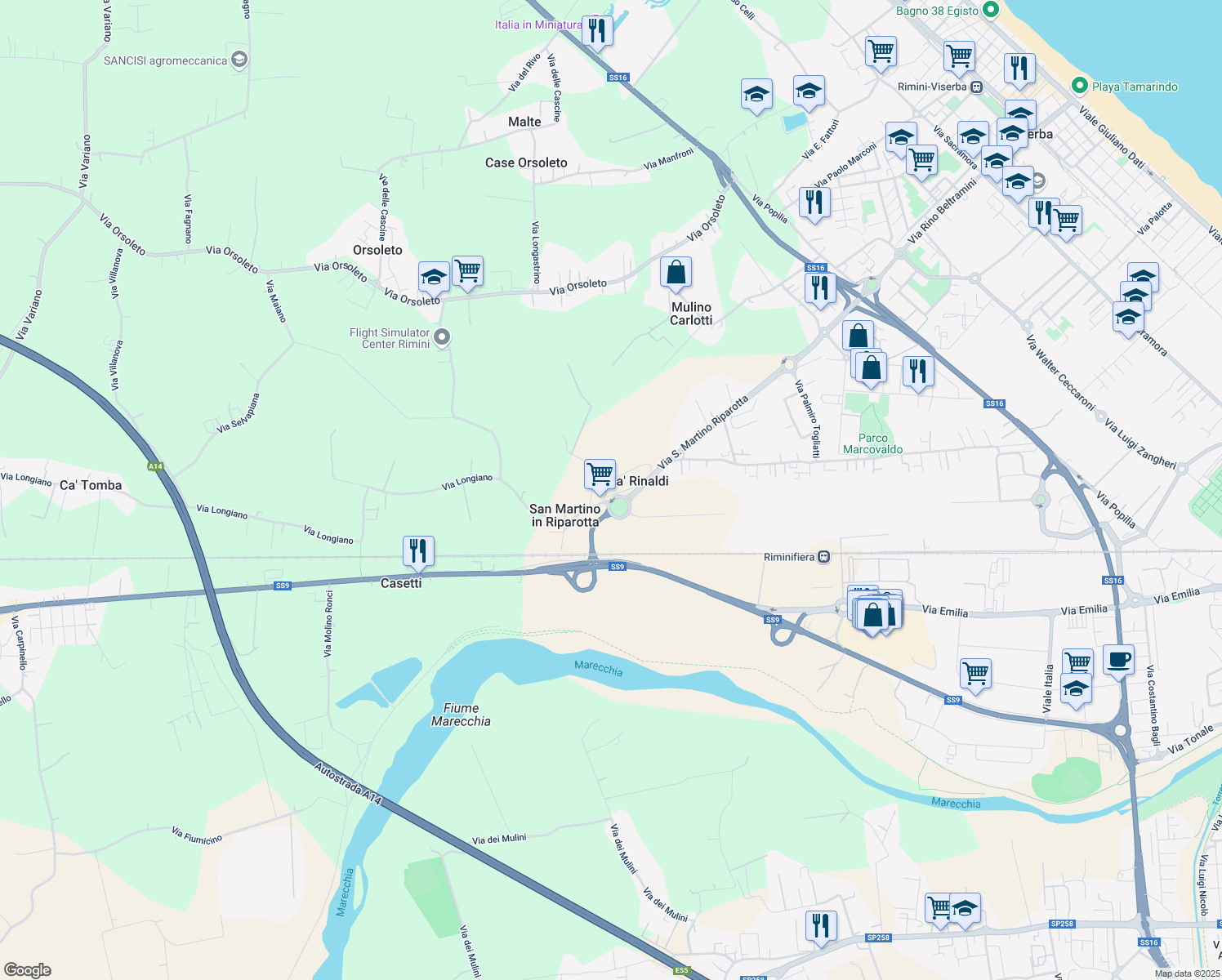 map of restaurants, bars, coffee shops, grocery stores, and more near 144 Via Turchetta in Rimini