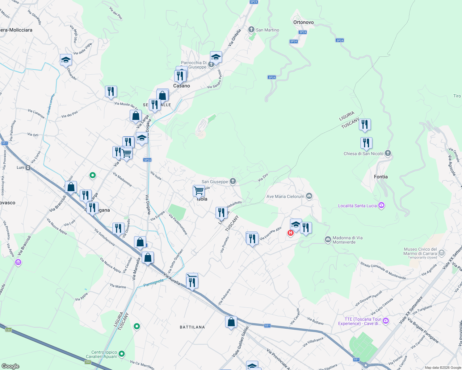 map of restaurants, bars, coffee shops, grocery stores, and more near 45 Via Isola in Casano