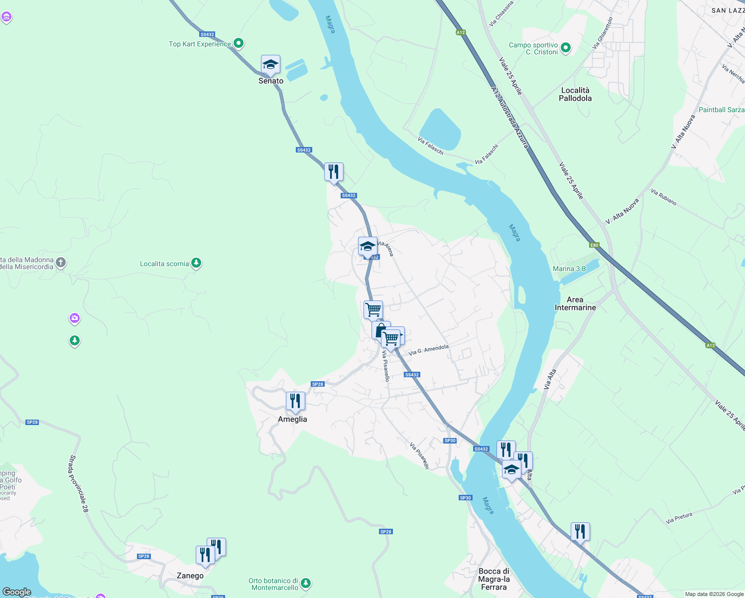 map of restaurants, bars, coffee shops, grocery stores, and more near 22 Via Camisano in Ameglia