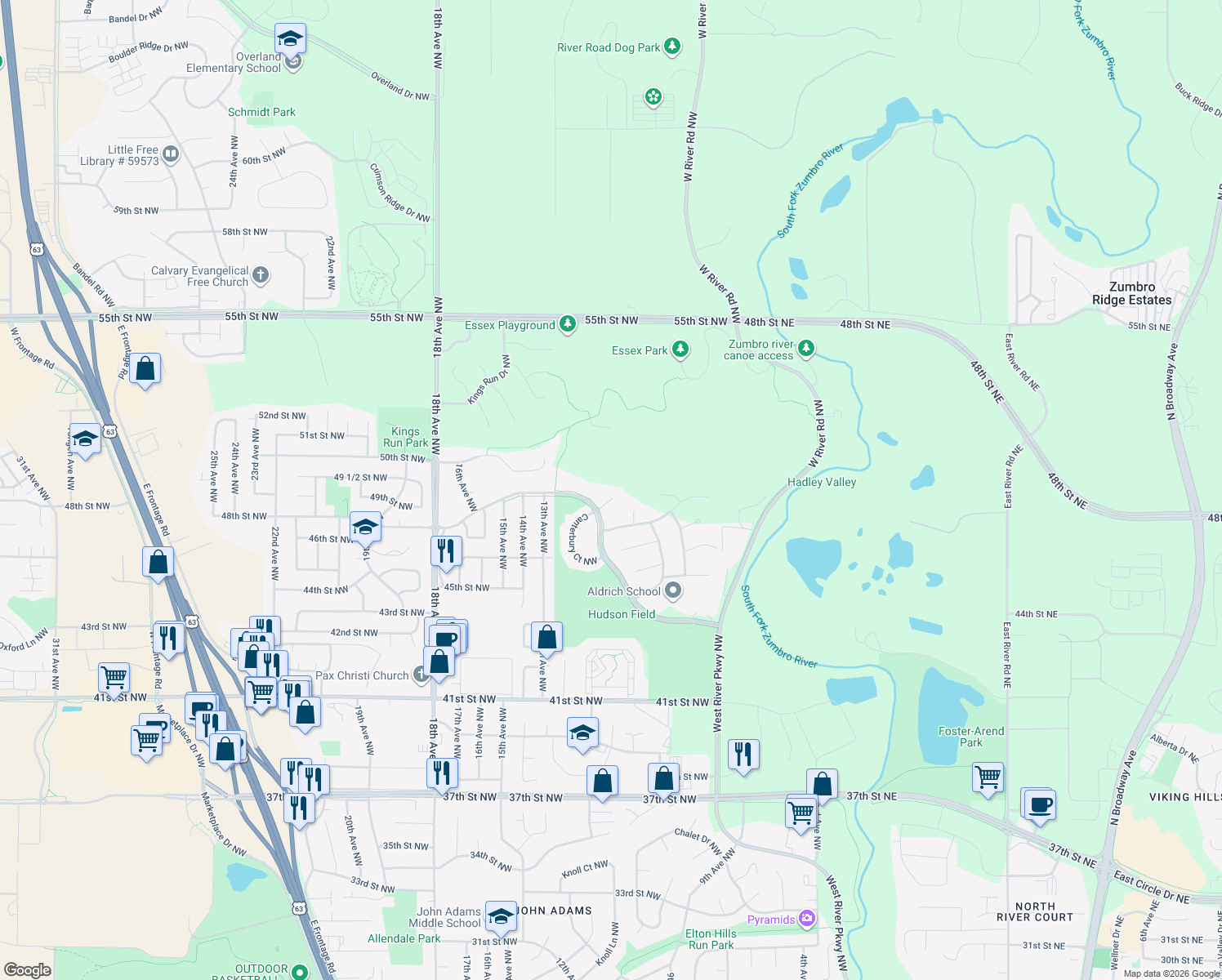 map of restaurants, bars, coffee shops, grocery stores, and more near 1007 Canterbury Lane Northwest in Rochester