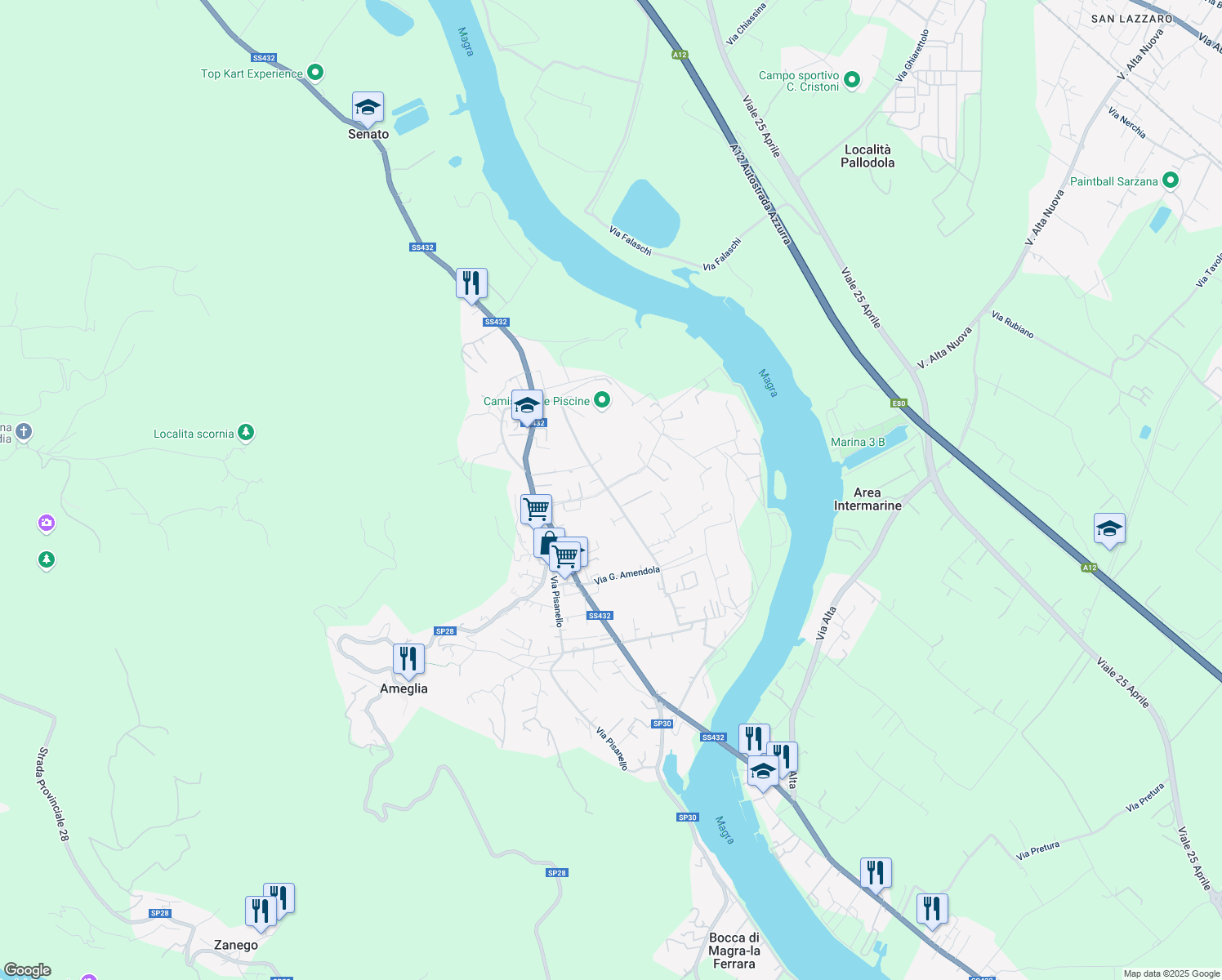 map of restaurants, bars, coffee shops, grocery stores, and more near 13 Via Arena in Ameglia