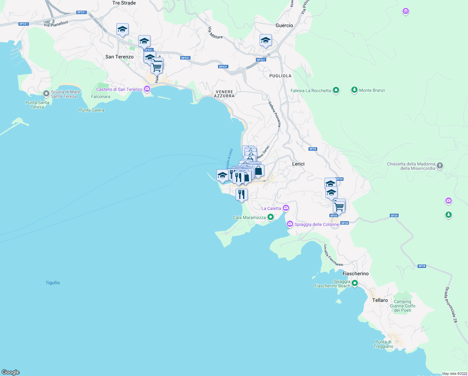 map of restaurants, bars, coffee shops, grocery stores, and more near Via Giuseppe Mazzini in Lerici