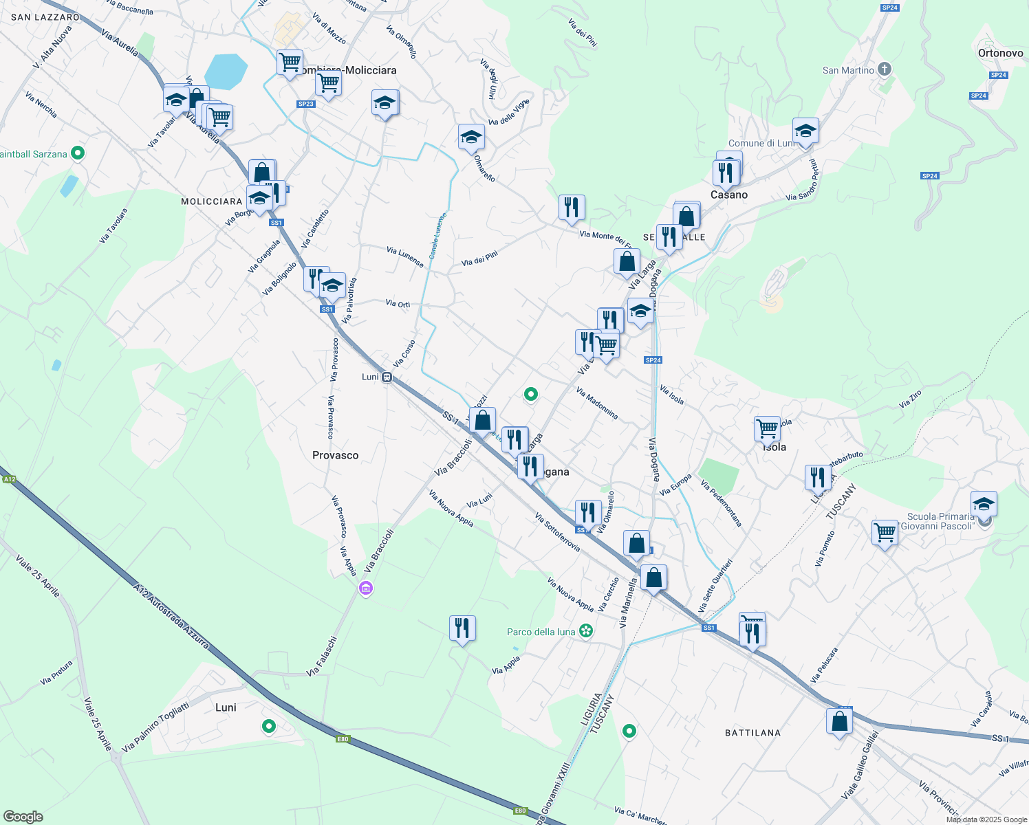map of restaurants, bars, coffee shops, grocery stores, and more near 39 Via Larga in Casano-dogana-isola