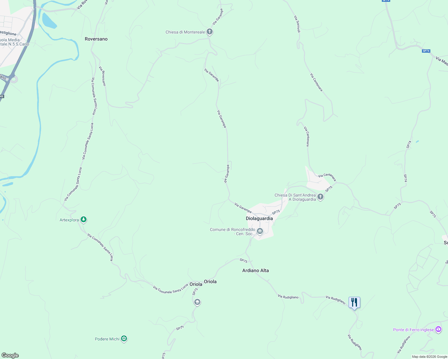 map of restaurants, bars, coffee shops, grocery stores, and more near 7474 Via Garampa in Provincia di Forlì-Cesena