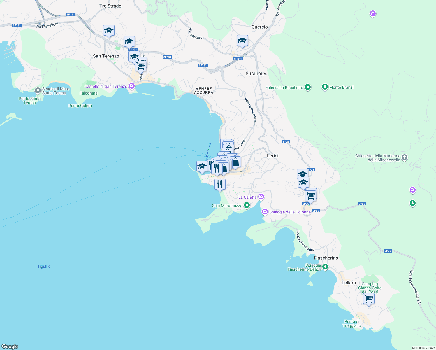 map of restaurants, bars, coffee shops, grocery stores, and more near 16 Piazza Poggio in Lerici