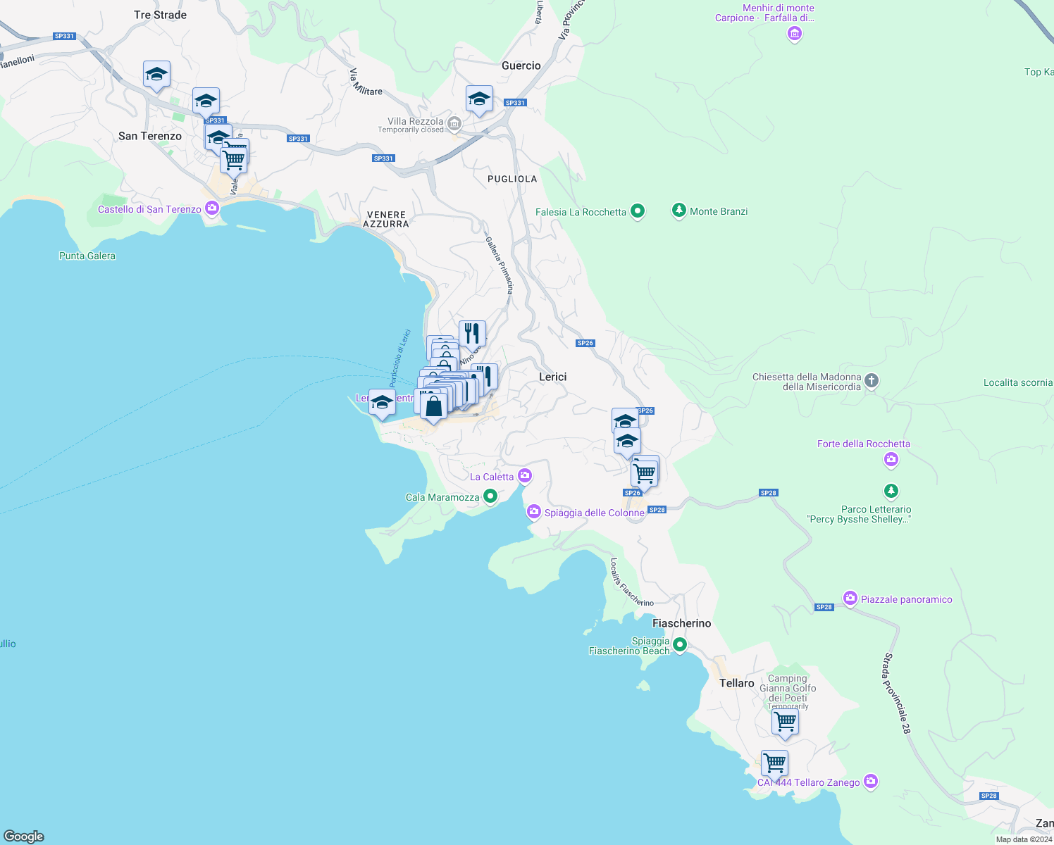 map of restaurants, bars, coffee shops, grocery stores, and more near 45 Via Carbognano 3 ° Traversa in Lerici