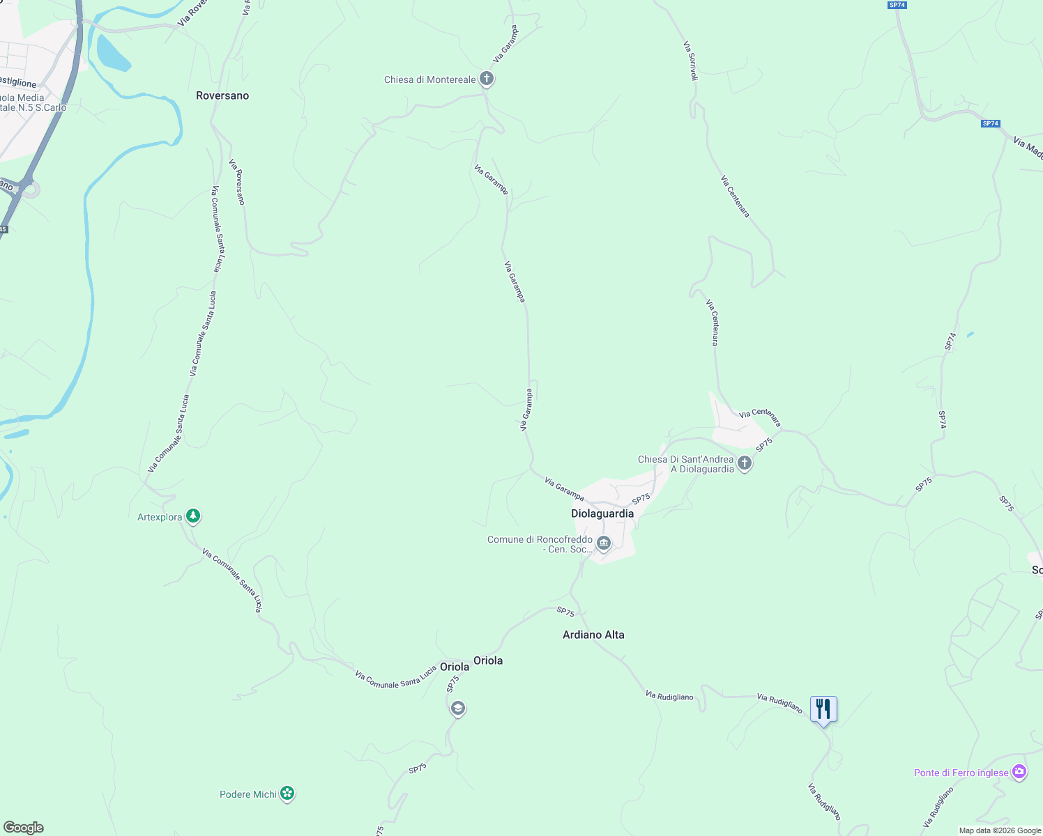 map of restaurants, bars, coffee shops, grocery stores, and more near 7474 Via Garampa in Monteaguzzo in Provincia di Forlì-Cesena