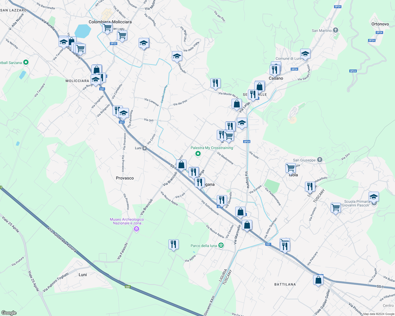 map of restaurants, bars, coffee shops, grocery stores, and more near 39 Via Larga in Casano