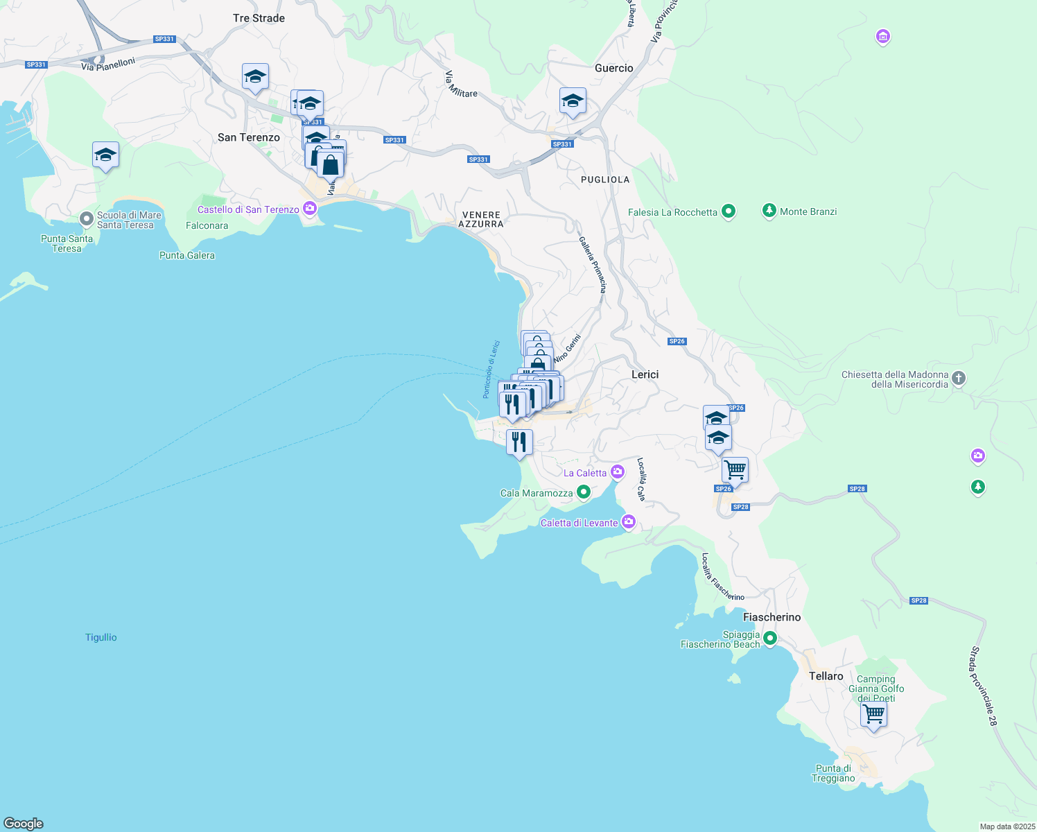 map of restaurants, bars, coffee shops, grocery stores, and more near 16 Piazza Poggio in Lerici